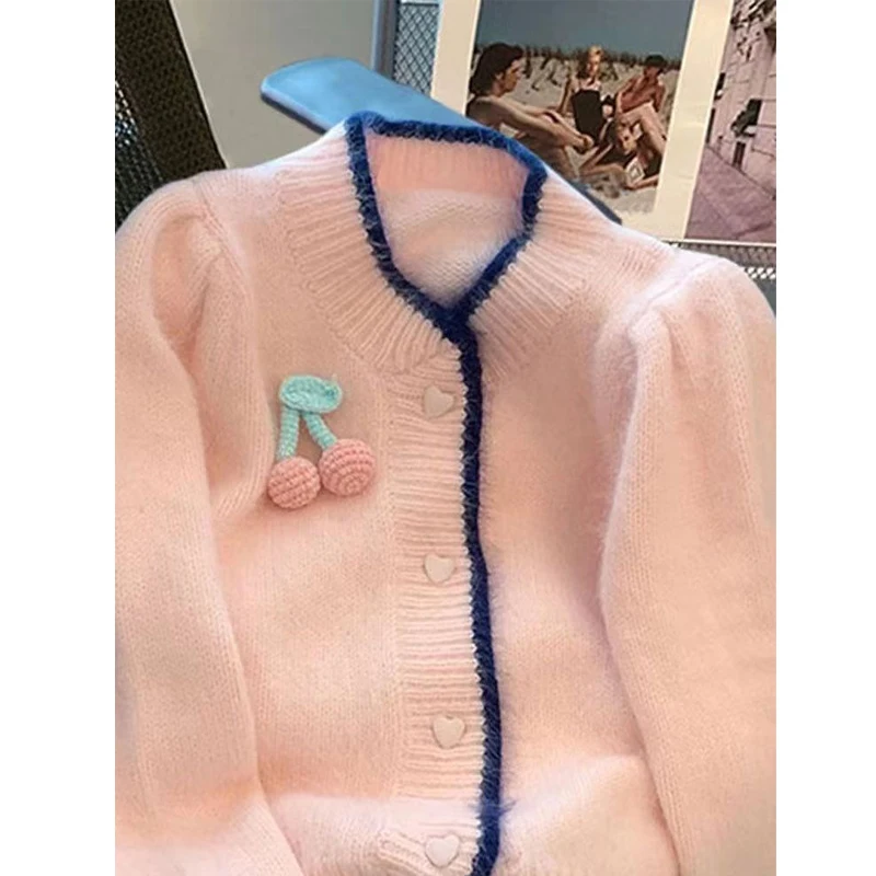 Autumn Winter Women Trendy Sweet Cute 3D Cherry Button Knitted Cardigan Contrast Color Long Sleeve Loose Outerwears Chic Sweater