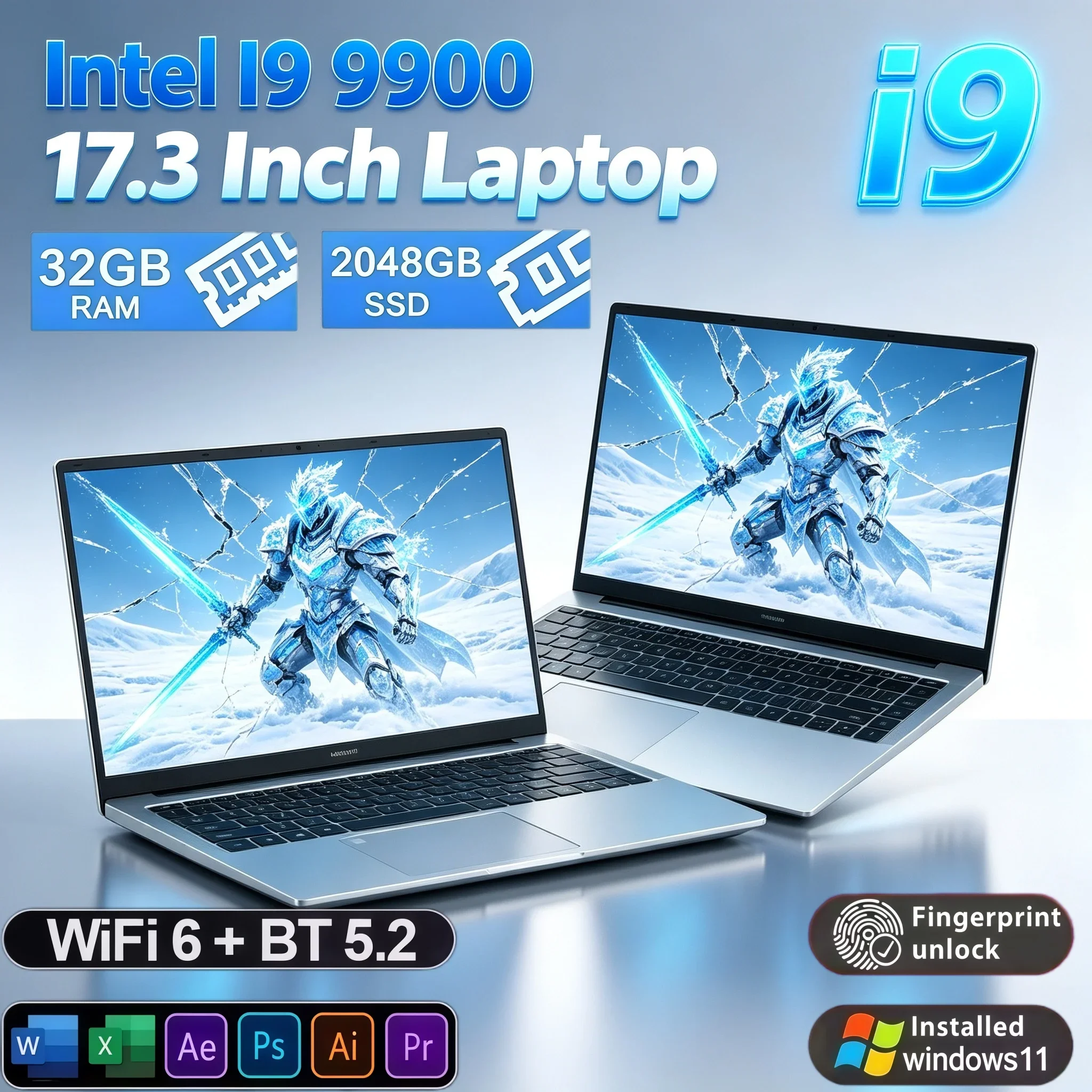17.3 Inch Large Screen Laptop Win11 Intel I9‑9900 32GB RAM 2TB SSD Fingerprint Unlock Portable Notebook For Gaming Work