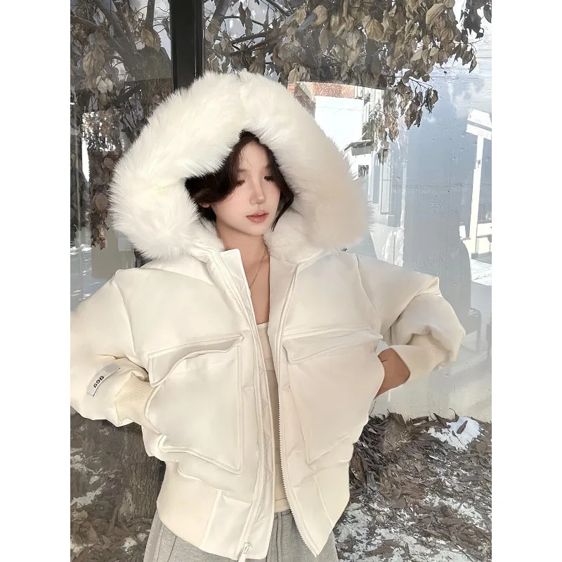2025 Winter Solid Color Pilot Jacket Hooded Cotton Jacket Casual Fashion Shorts Thick Warm Parkas Female Clothing