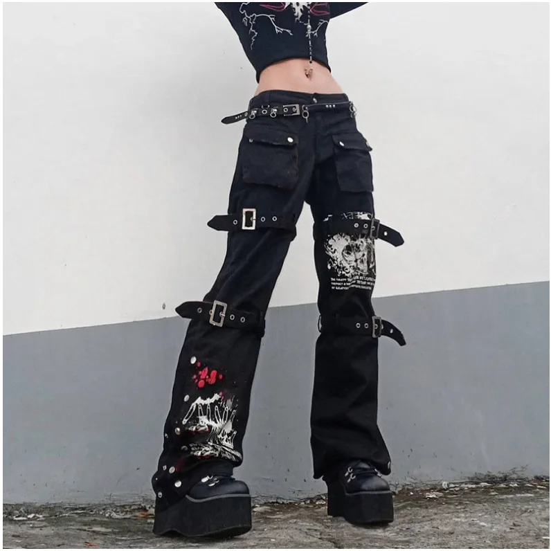 Street Cool Oversized Jeans, Metal Buckle Relaxed Denim Jeans, Printed Drapey Wide Leg Jeans, High Rise Casual Straight Pants