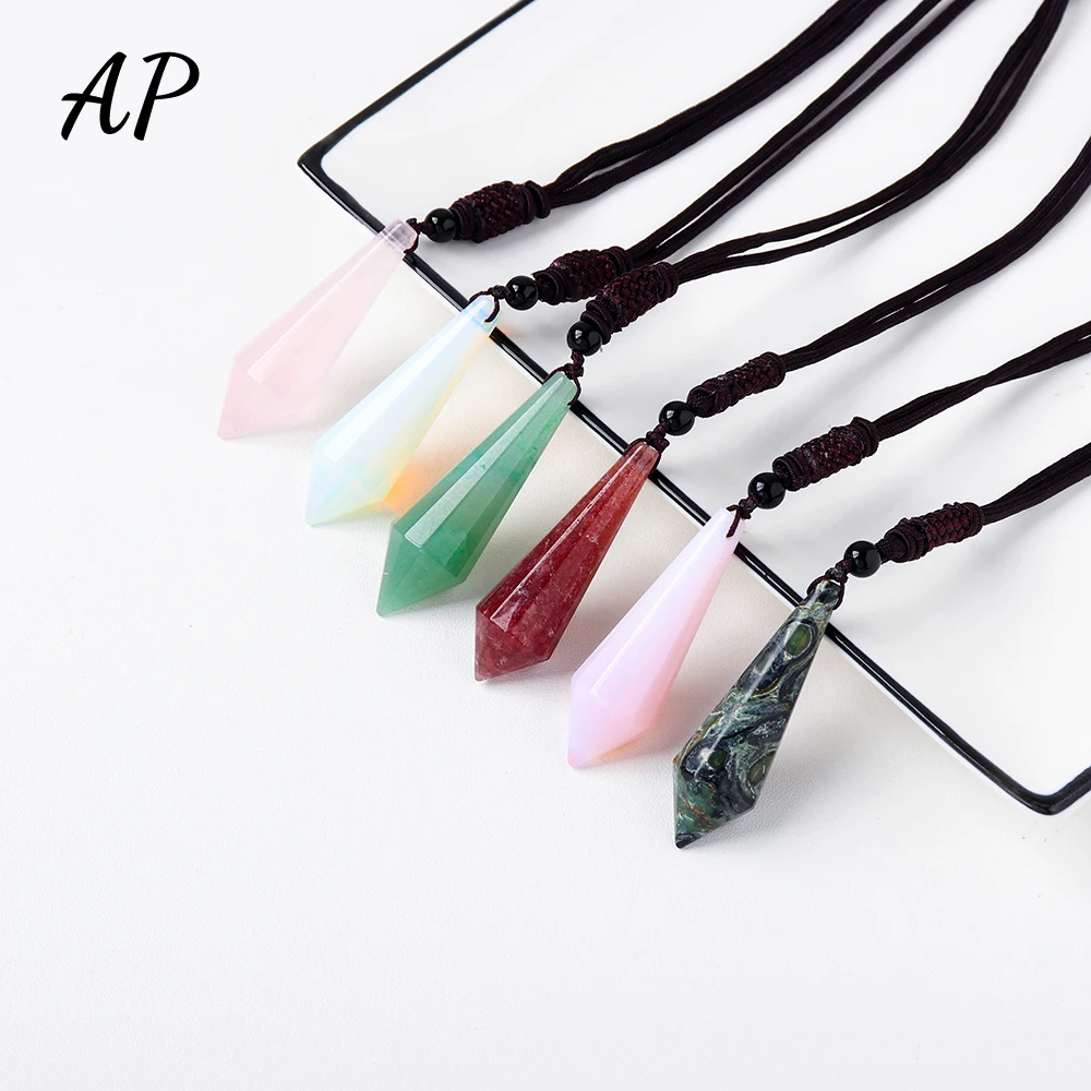 1pc Natural Rose Quartz Reiki Pendulum Pendant Healing Stone Aventurine Energy Crystal Necklace Women Jewelry