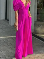 Vestido plisado de cintura alta para mujer, Color sólido, manga corta, cuello en V, para uso diario, oficina, elegante, estilo para ir al trabajo, vestido de verano