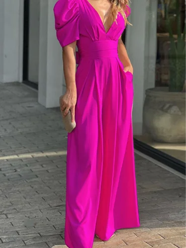 Imagen 1 del producto Vestido plisado de cintura alta para mujer, Color sólido, manga corta, cuello en V, para uso diario, oficina, elegante, estilo para ir al trabajo, vestido de verano