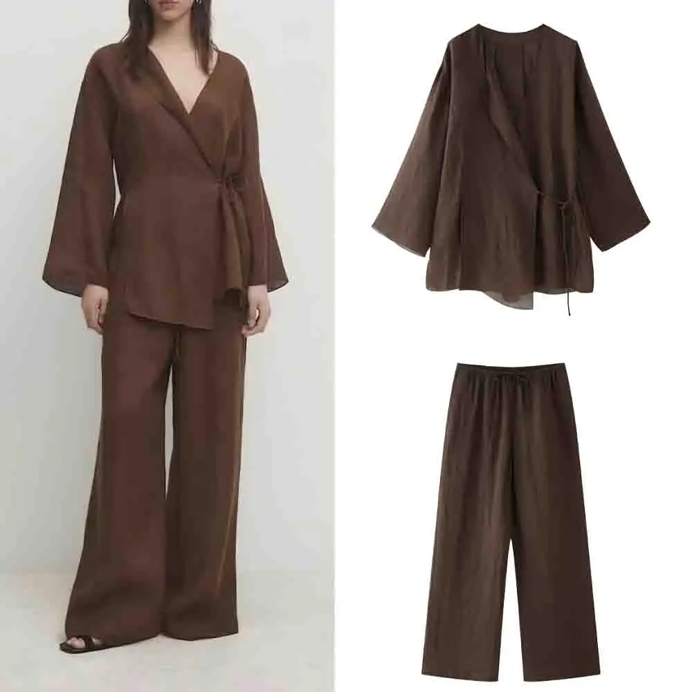 

Women's new fashion loose linen blend kimono style shirt Coat retro long sleeved lace up women's shirt chic top+Pants suit