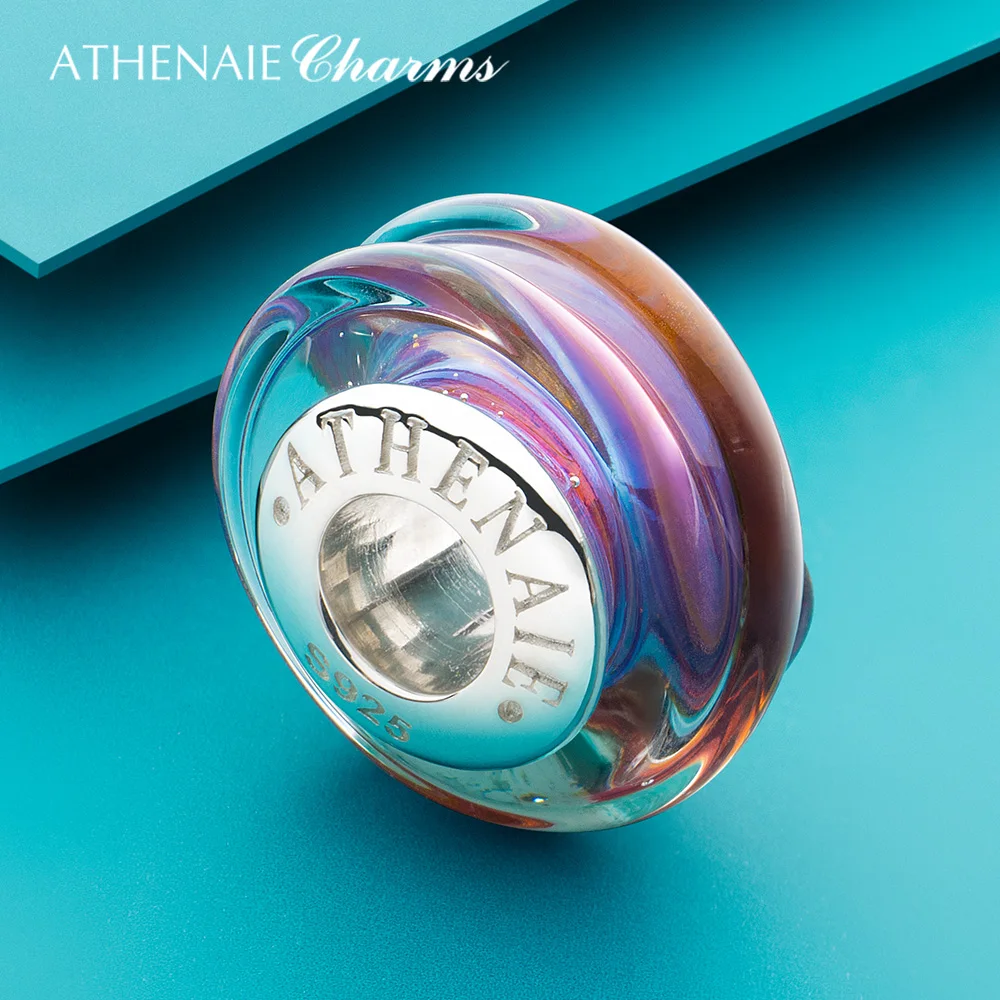 ATHENAIE Classic Purpl Striped Genuine Murano Glass Charms Bead with 925 Silver Core fit European Bracelet Gift for Women