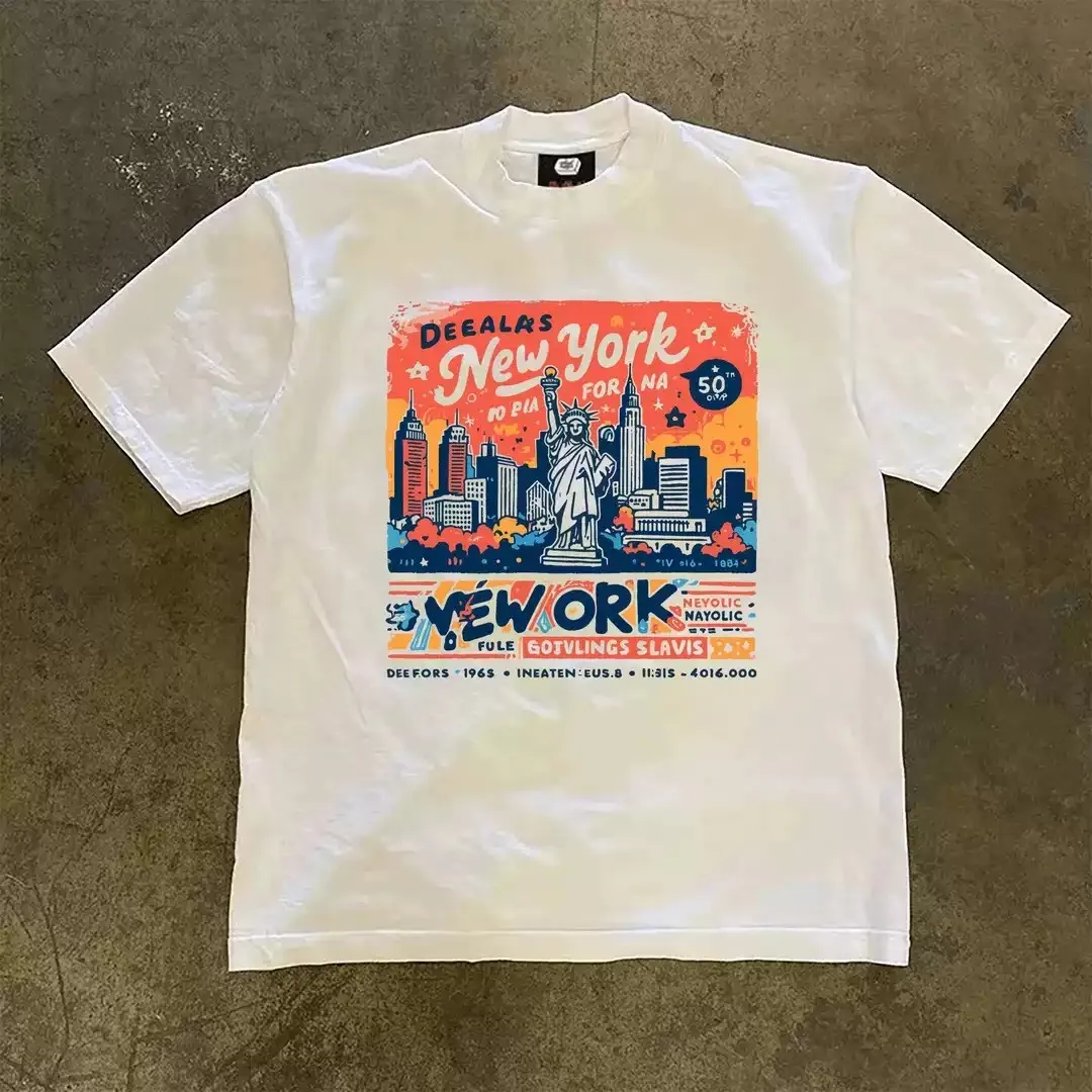 Vintage New York City View Graphic T‑Shirt Men Women Retro Statue Of Liberty Art Print Unisex Loose Heavy Cotton Short Sleeve Urban Streetwear White Tops.