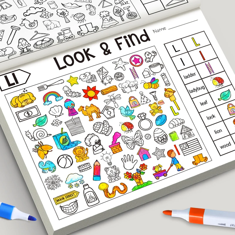 Jogo de pesquisa infantil para itens, melhora a percepção visual, livro para colorir divertido, foco e atenção, livro de exercícios de escrita