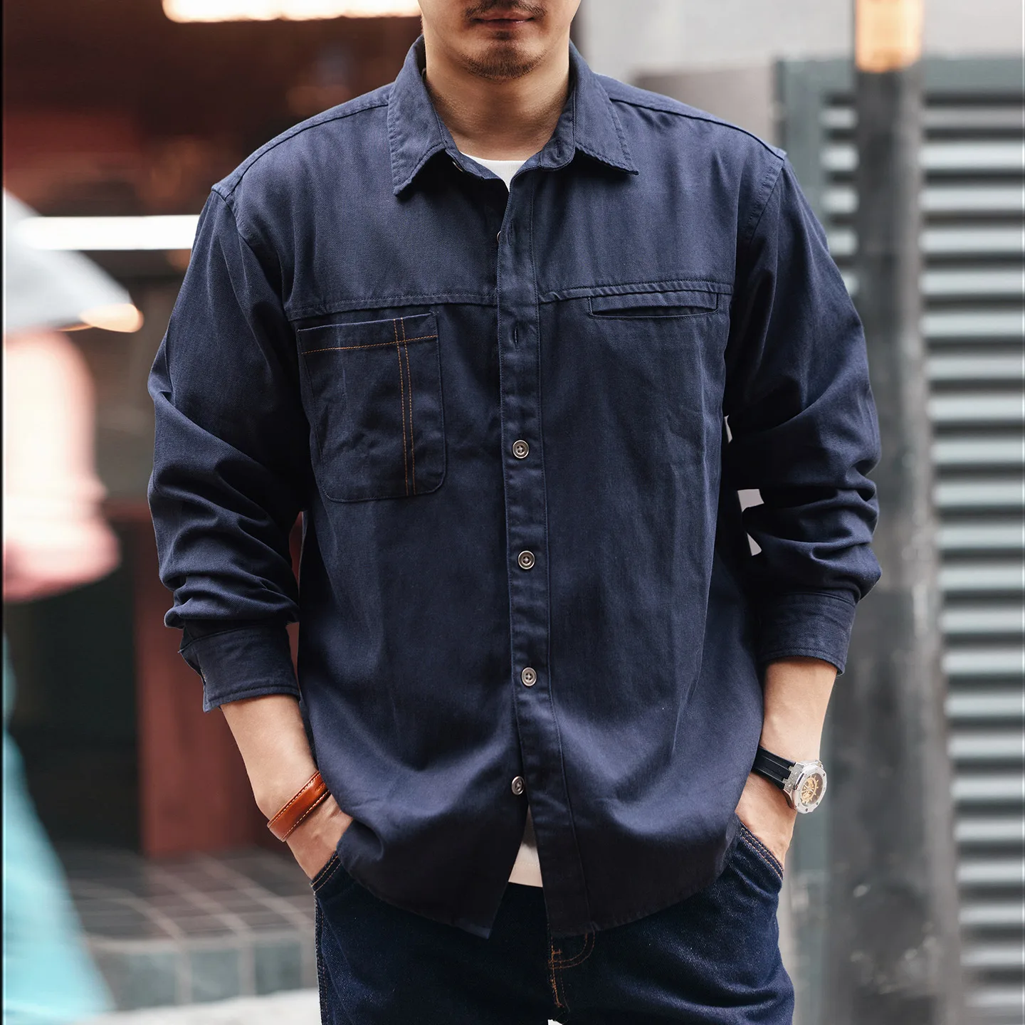 Spring and autumn new retro trendy brand washed distressed long-sleeved shirt men's loose large-sized shirt jacket