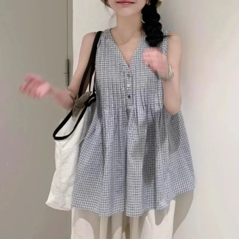 

Chic Tops & Tees Korean Plaid Design Niche Shirt Vest Skirt Adult Summer Thin Sleeveless Outer Doll Shirt Top Women Tee New