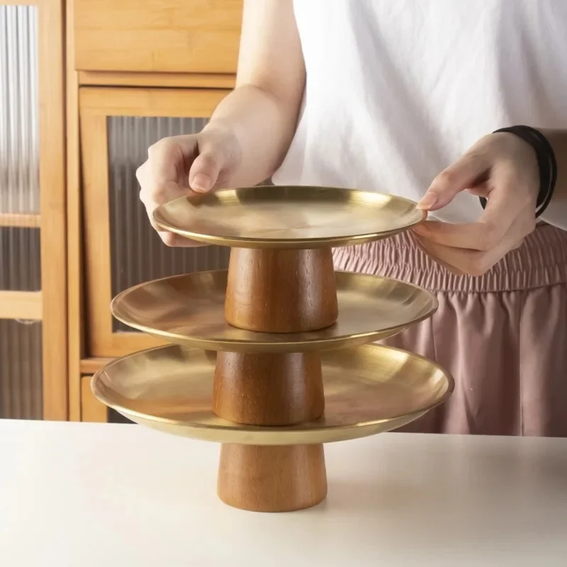 New Stainless Steel High Foot Cake Tray With Stable Wooden Base, Multifunctional Fruit Display Plate for Home Decoration Party