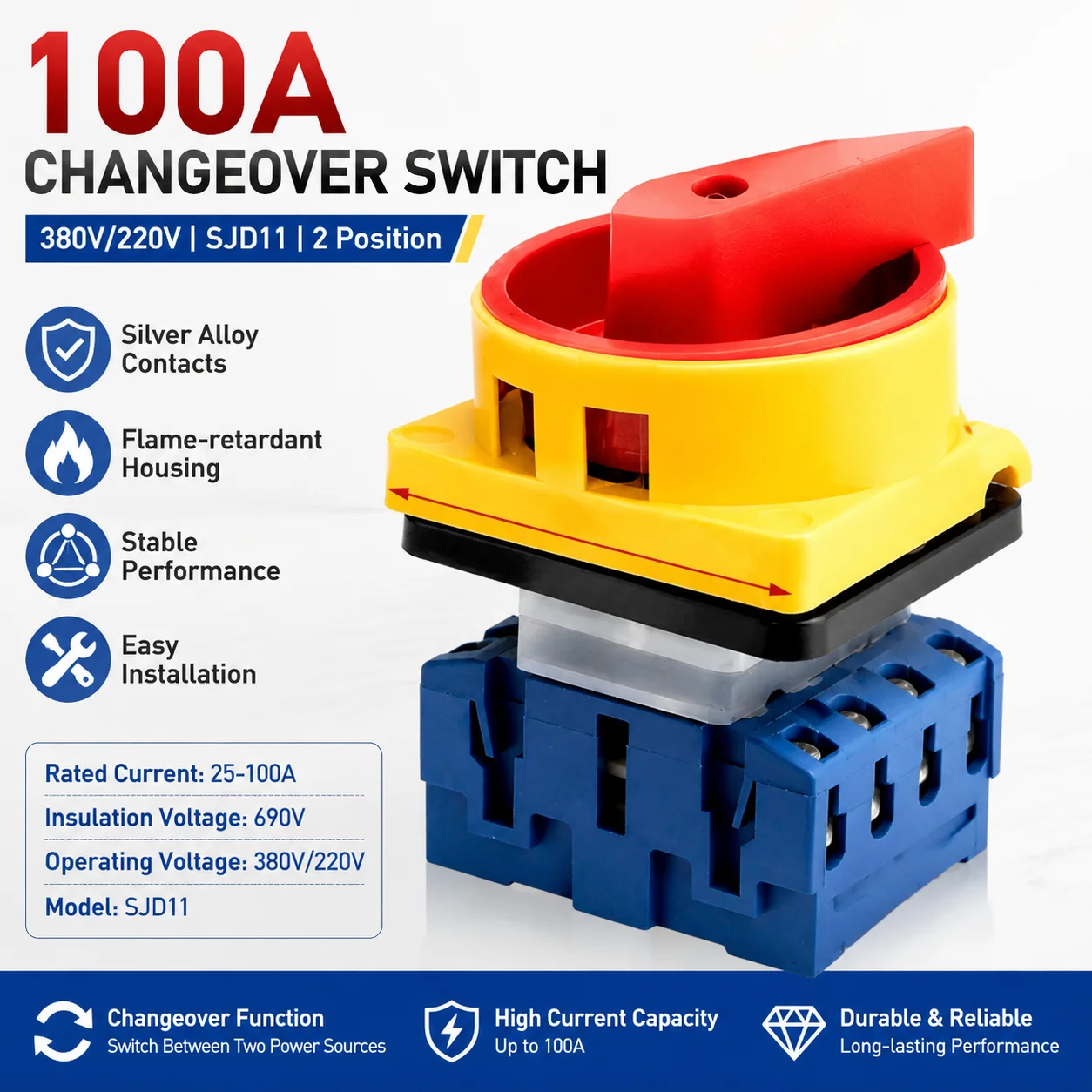 LW30 3P Changeover Switch for Dual Supply Switching 3-Phase Load Disconnect 100A 380V 220V Easy Mounting Design