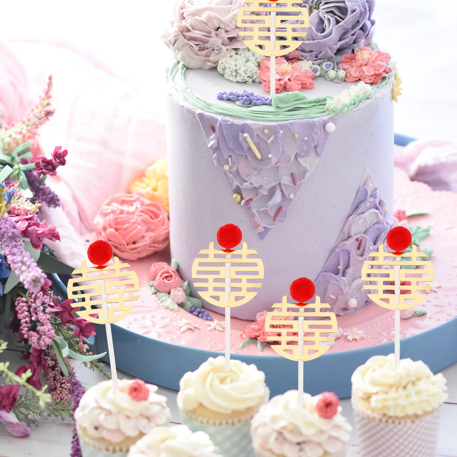 

30pcs Double Happiness Cake Topper Chinese Style Wedding Decor Baking Insert Safe Material Anniversary Engagement Party