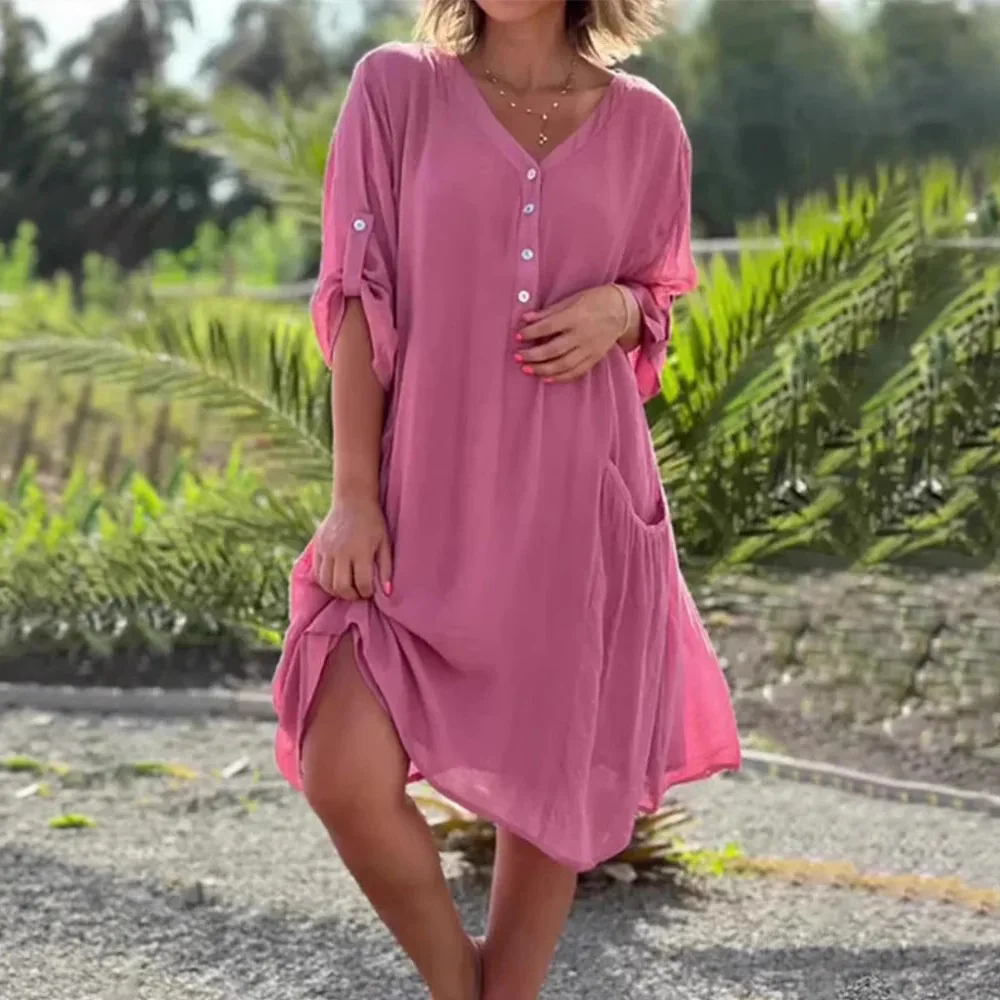 

Платье женское летнее платье с v-образным вырезом, однобортное платье с карманами, нерегулярная высокая талия, свободные платья выше колена, 2025 г., офисная женская линия