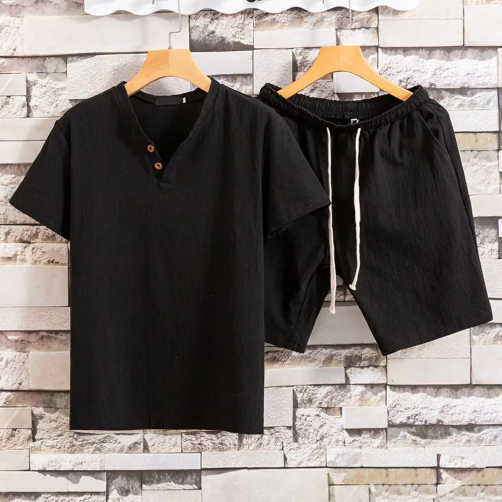 2 Pcs/Set Trendy Soft Men Summer Outfit Buttons Men Summer Outfit Plus Size Casual Summer Top Shorts Set Men Clothes