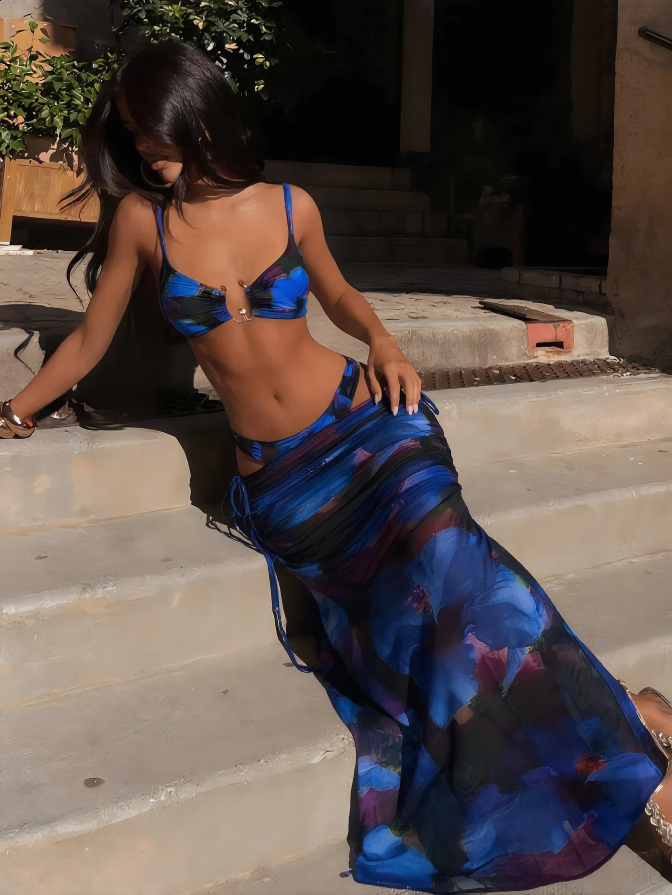 

Floral Print Mesh 3-Piece Swimsuit Set With Spaghetti Straps And Slit For Beach Pool Party