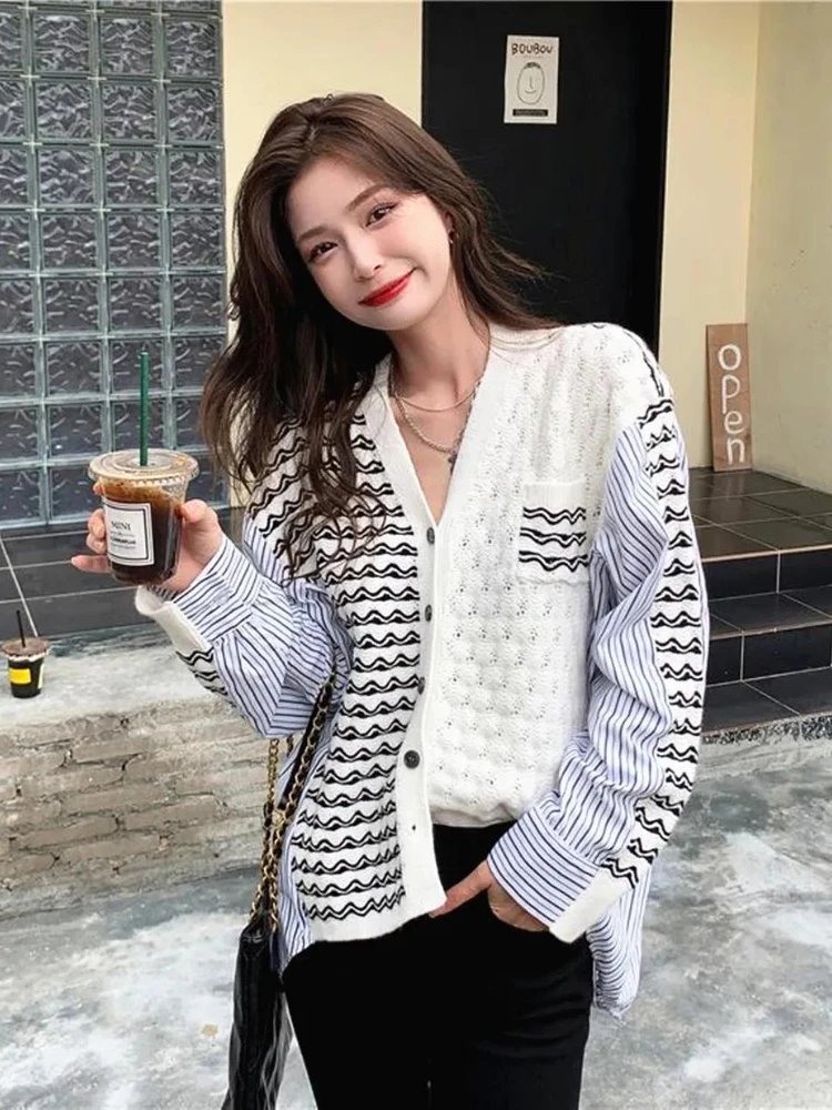 Women Fashion Knitted Cardigans Figure Asymmetry V-neck Knitwear Urban Ladies Elastic Single Breasted Stitching Sweaters Suit