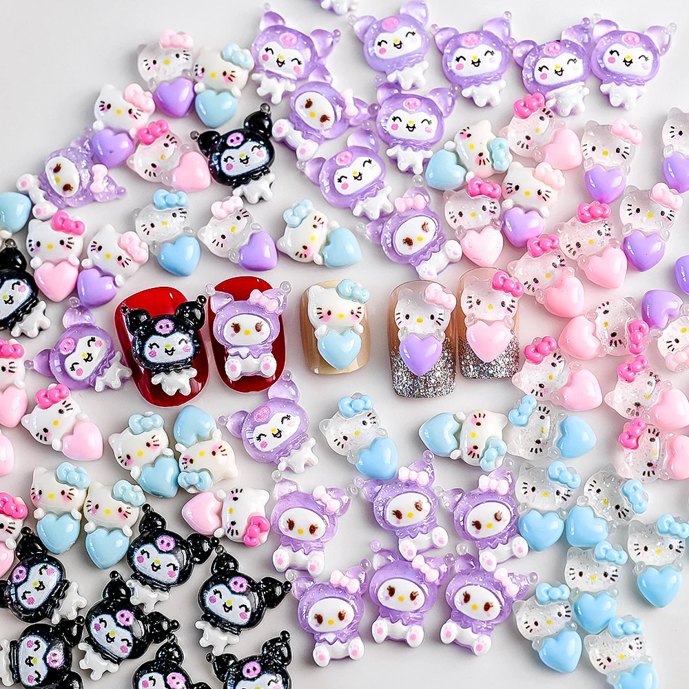 10Pcs Sanrio Lovely Kuromi Nail Charms 3D Kawaii Anime Kuromi My Melody Hello Kitty Flat Back Manicure Jewelry Nail Art Supplies