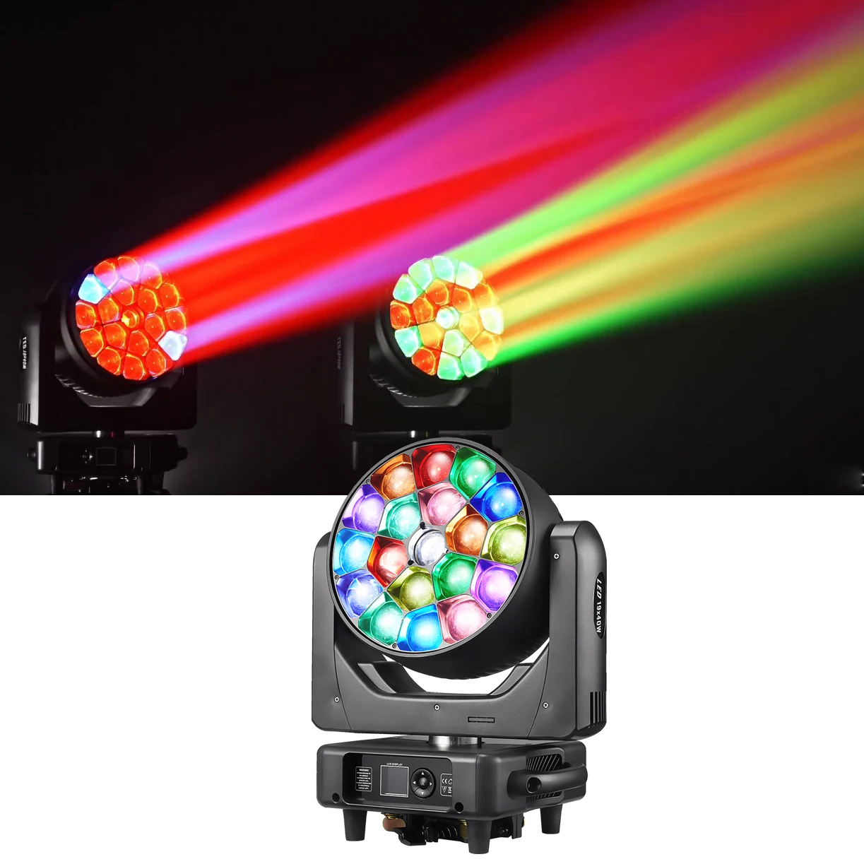 19x40W RGBW Big Bee Eye Moving Head Light 850W Pixel Control 4-60° Zoom Vortex Kaleidoscope DMX Stage Light for Concert Bar Club