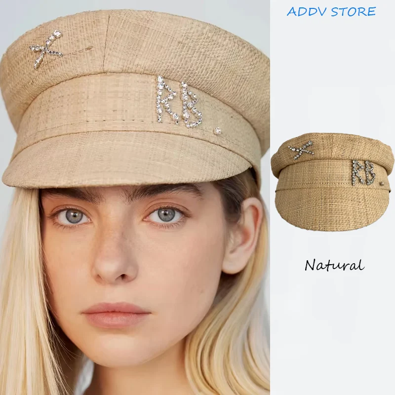 Spring Summer Hand-sewn Raffia Newsboy Hats for Women Letter Crystal-Embellished Baker Boy Cap XS-L Sombrero Hombre