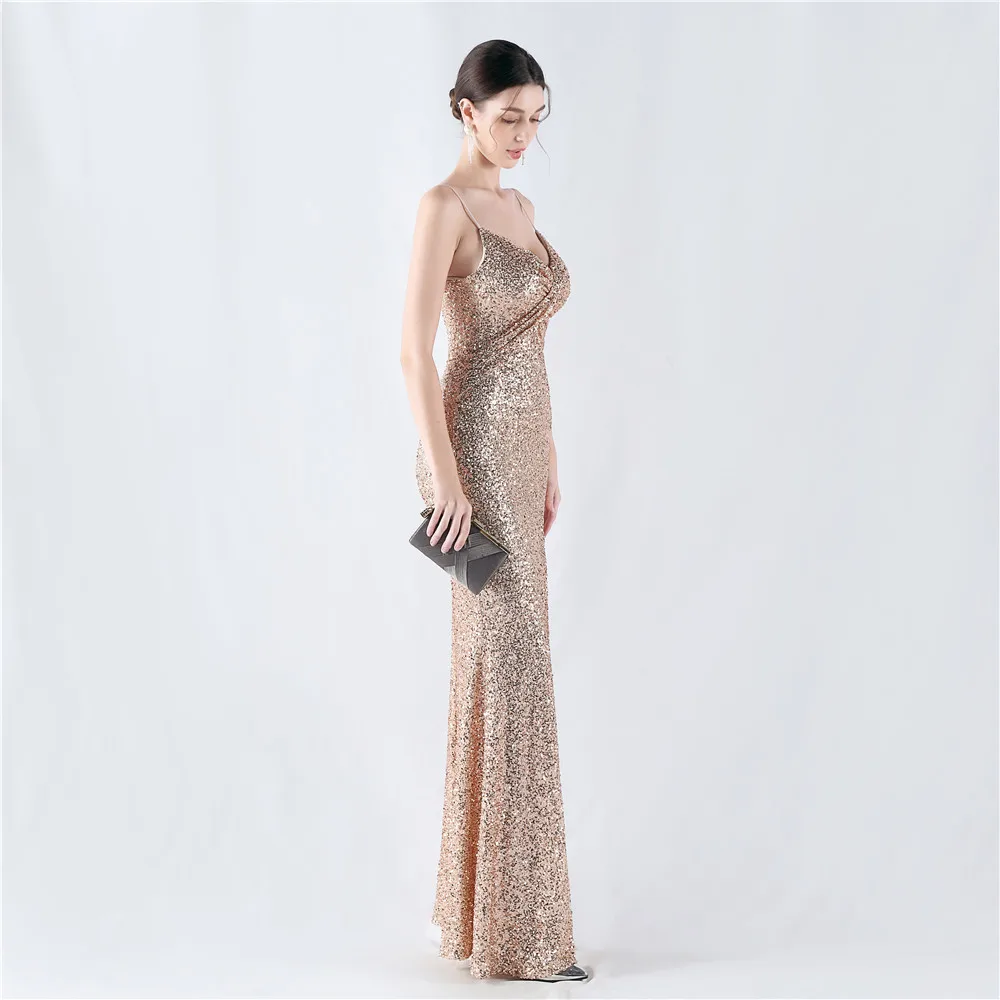 Women's Spaghetti Formal Dresses High Side Split Elegant Evening Gown for Women Long Sequins Dress