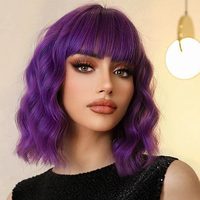Short Wavy Black Wig With Bangs 14 Inch Curly Bob Wigs for Women Soft Synthetic Cosplay Wig for Girl Colorful Costume Wigs