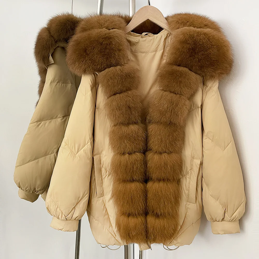 سترات قصيرة غير رسمية على الموضة الكورية للشتاء لعام 2025 بياقة من فرو الثعلب الحقيقي وأكمام طويلة معطف سميك للنساء معاطف خارجية