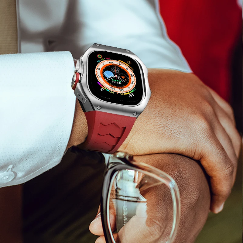 AKGLEADER casing Titanium mewah + gelang fluorin untuk jam tangan Apple Ultra 49mm, penutup tali Fluororubber Kit Mod untuk Iwatch Ultra