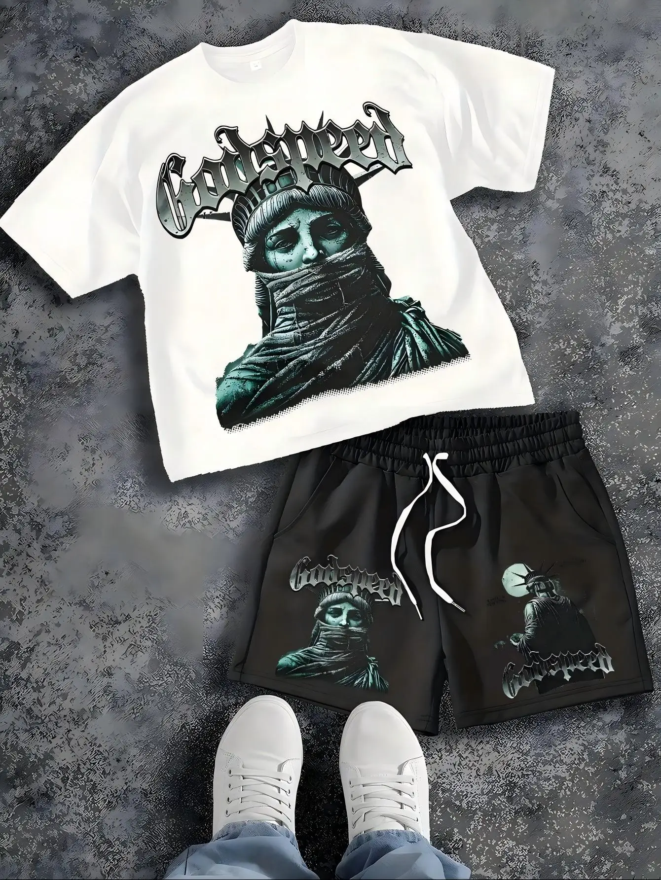 Men's Summer Gothic Statue of Liberty Printed Comfortable Breathable Round Neck T-shirt Drawstring Shorts Set Outdoor Streetwear