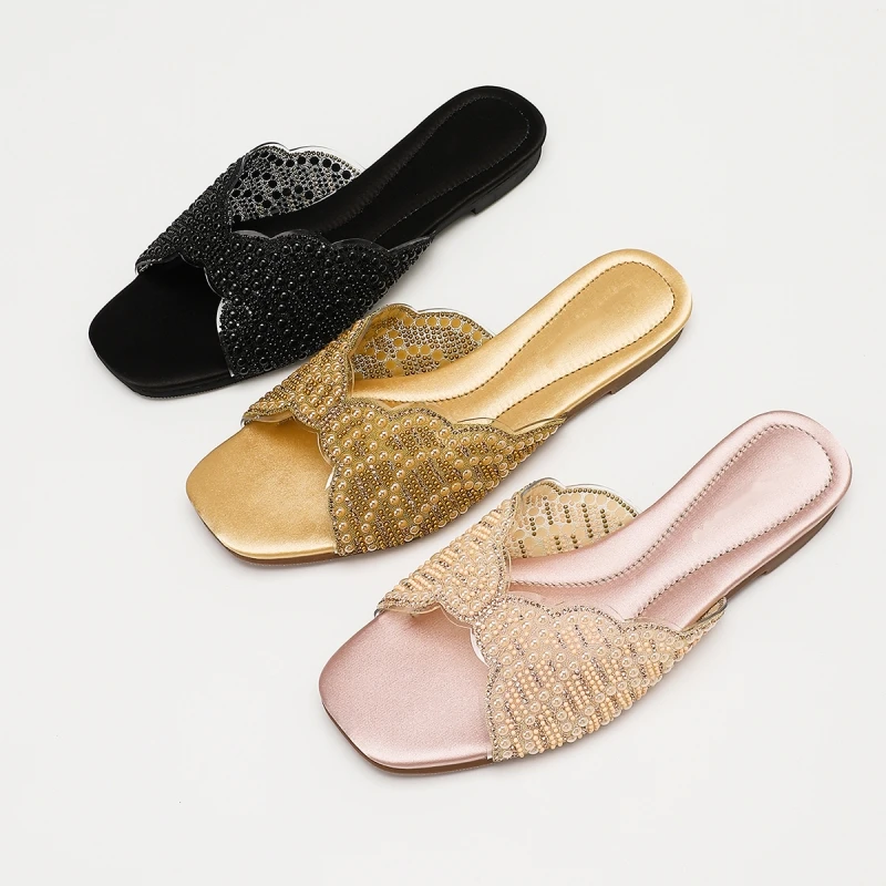 New Summer Women's Sandals: Satin Square-Toe Flat Slides with Seashell Embroidery  Casual & Formal Flat Footwear