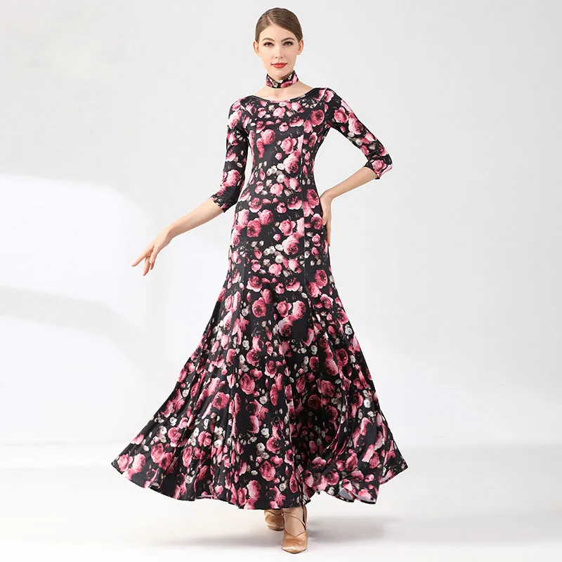 Half Sleeves Floral Printing Standard Ballroom Dress for Women Flamenco Dance Dress Waltz Spanish Dance Costumes Ball Gown