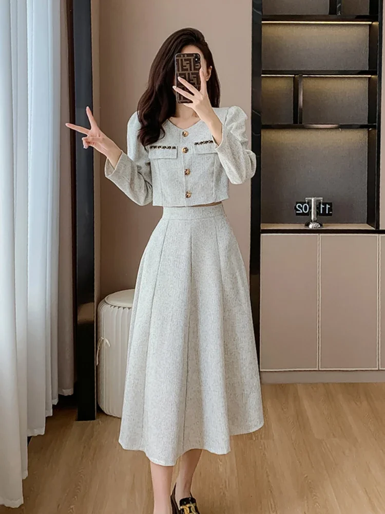 New Autumn Fashion Small Fragrance Single Breasted Short Coat + High Waist Mid Length Skirt Ladies Suit Korean Two Piece Set