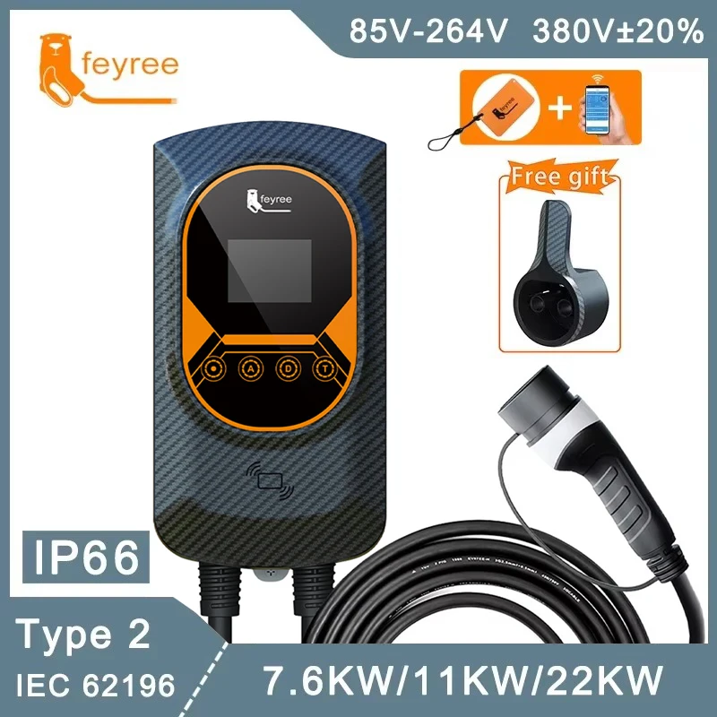 EVSE Wallbox Type2 Cable 32A 7.6KW EV Car Charger 11KW 22KW 3 Phase Charging Station APP RFID Cards Control for Electric Vehicle