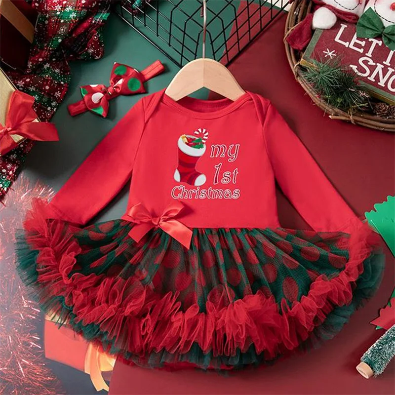 Baby Girls Christmas Romper Dress Dot Mesh Dress Letter Print Long Sleeve Ruffled Romper Bow Headband