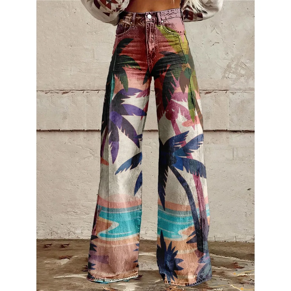 بنطال واسع الساق بطباعة غروب الشمس الاستوائية على الطراز البوهيمي - بنطال شاطئ نسائي مثير متوهج بتصميم شجرة النخيل لقضاء عطلة الصيف