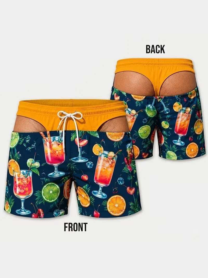 Men's Low-Rise Summer Beach Shorts – Quick-Dry Swim Trunks with Fun Tropical Cocktail & Fruit Prints – Casual Wear for Seaside V