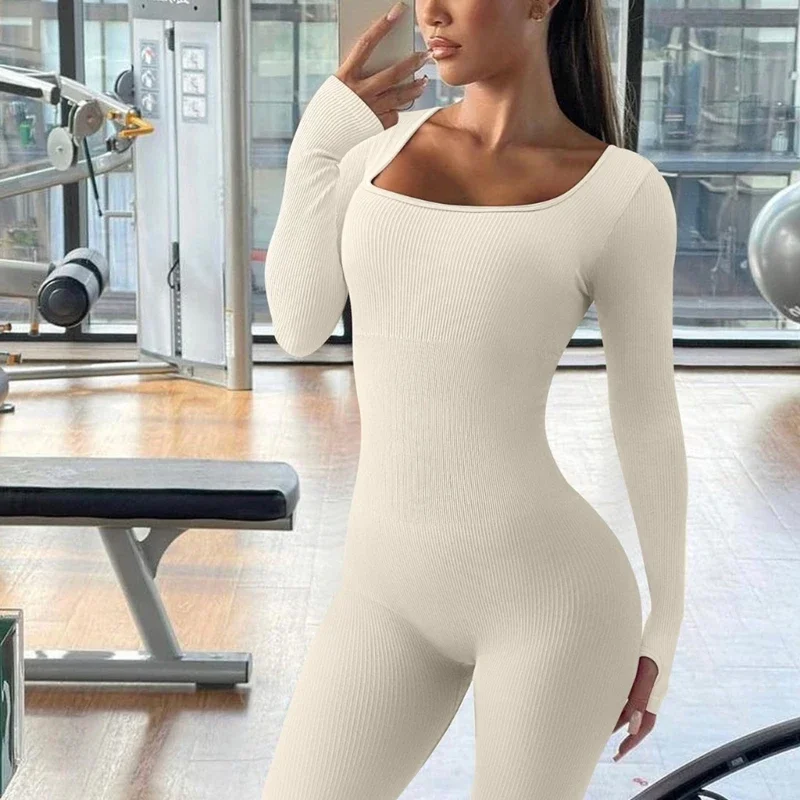 GUUDIA Ribbed Long Sleeve Jumpsuits Thumb Hole Compression Shapewear Square Neck Sexy Bodycon Rompers One Piece Outfits