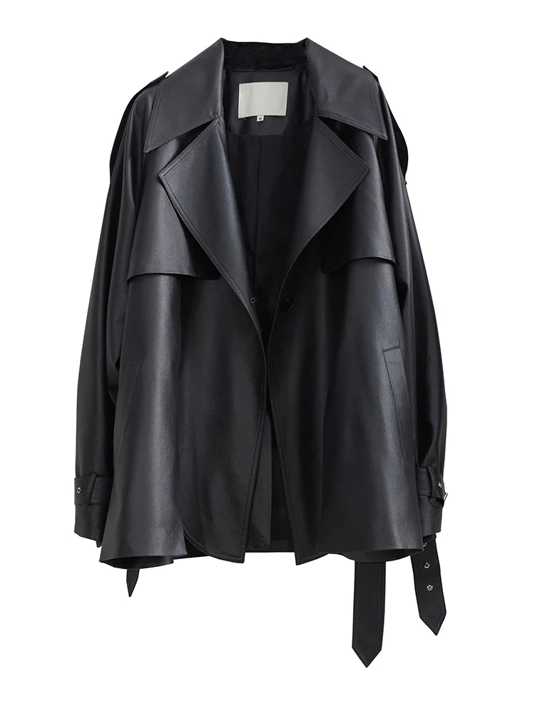 [EAM] PU Leather Black Slit Big Size Casual Jacket New Lapel Long Sleeve Women Coat Fashion Tide Spring Autumn 2024 1DH7523