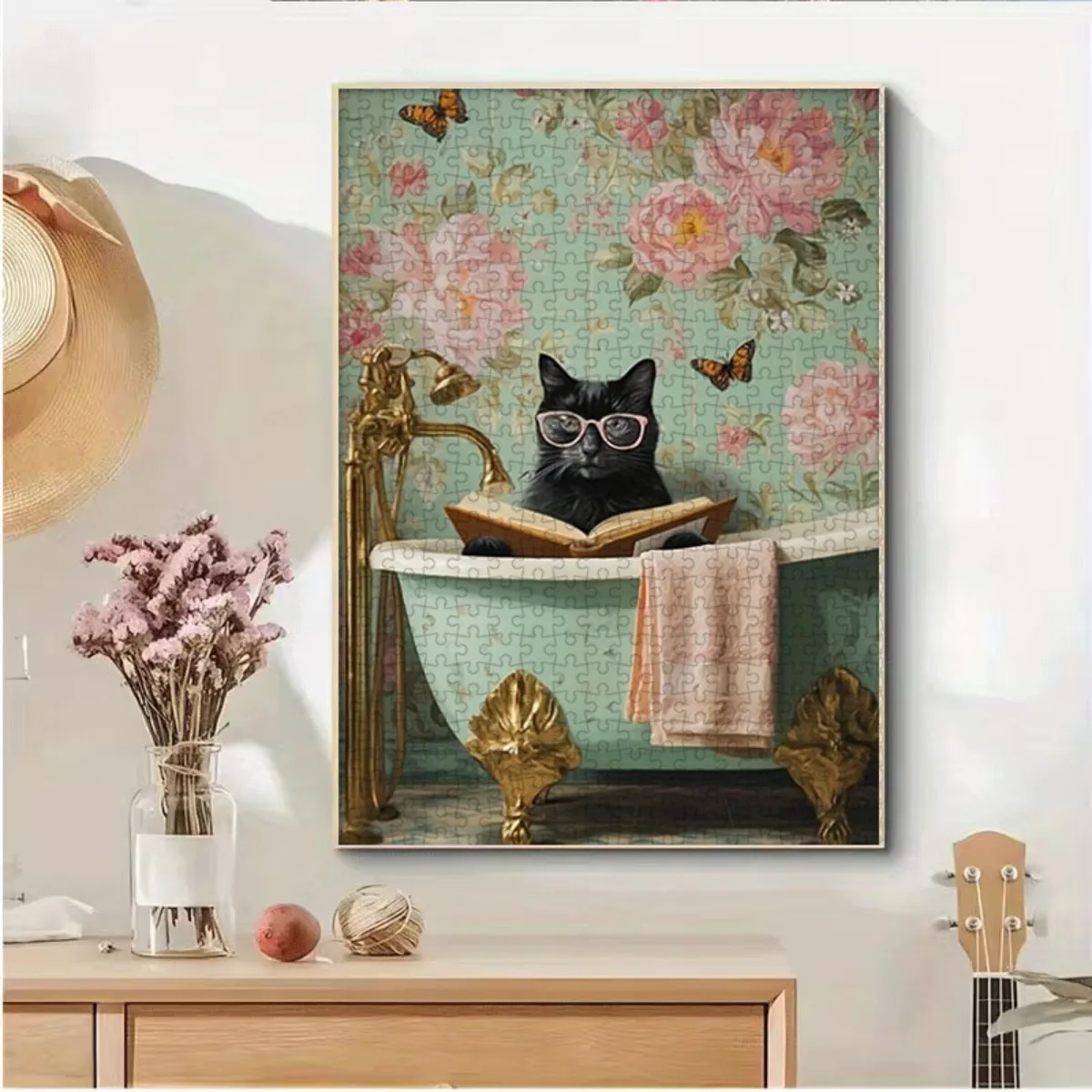Rompecabezas de papel de 1000 piezas |   Lindo gato negro que lee en la bañera, fondo floral, rompecabezas para adultos de diversión familiar, 27,56 x 19,69 pulgadas,