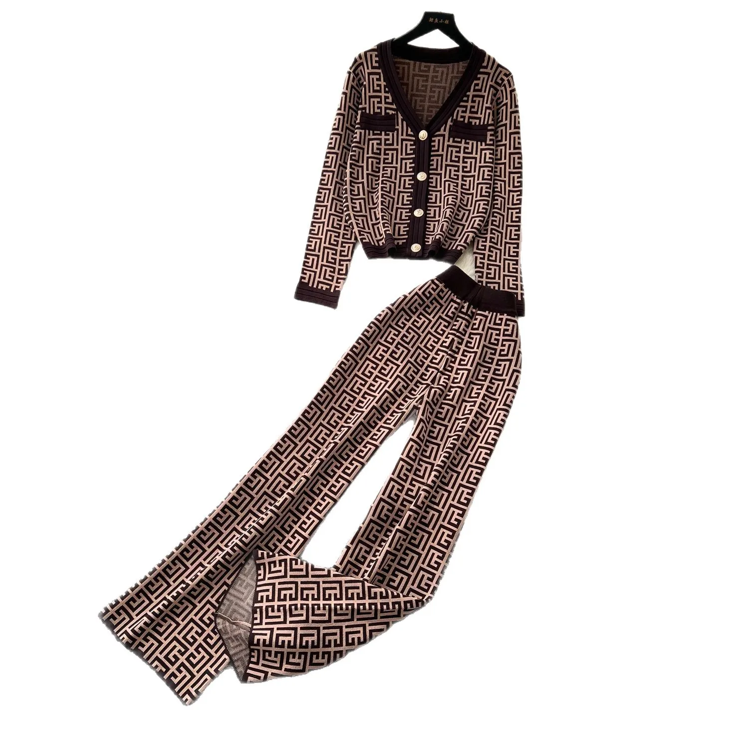 Two Pieces Women Knitted Pant Set Geo Print V Neck Single Breasted Cardigan Empire Waist Wide Leg Pants Loose Casual 2025 Autumn