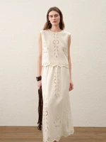 FSLE【Premium Series】Summer Women Linen Two Piece Set Cut-Out Embroidered Sleeveless Top Midi Skirt Boho Beach Vacation Style - Image 5