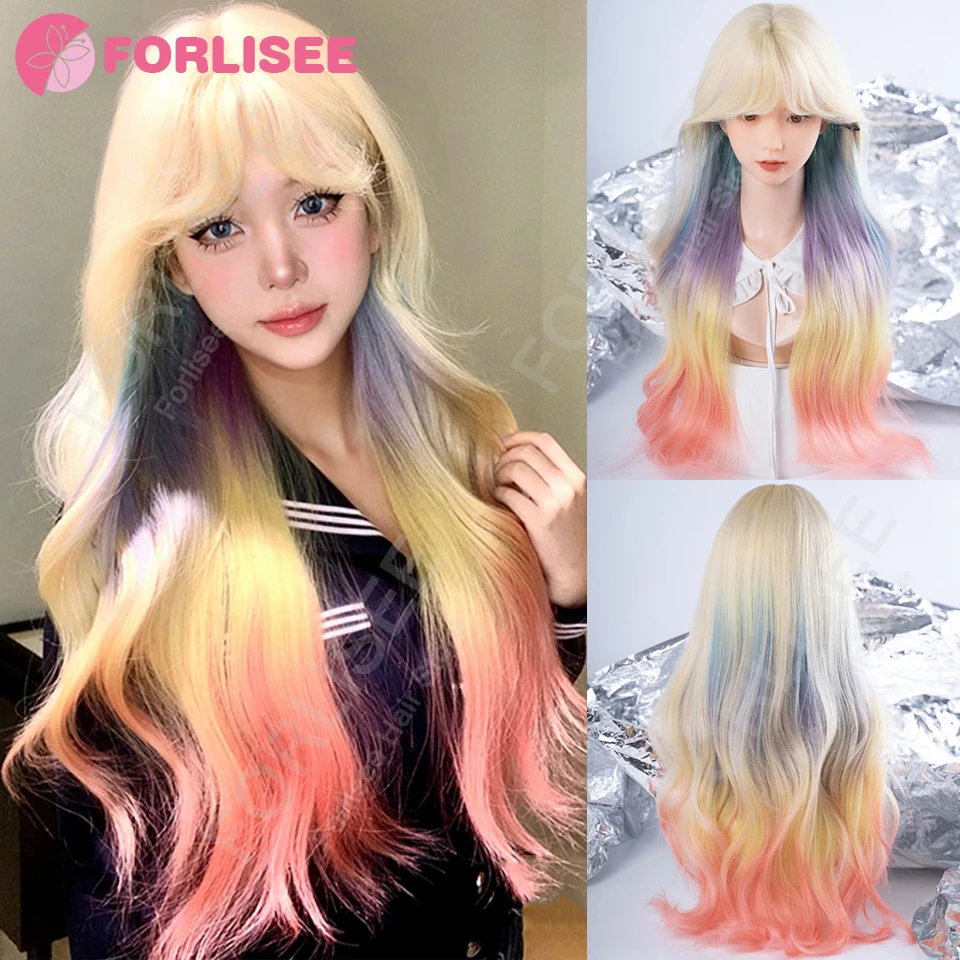 

ForlisBlonde Mix Multicolour Wavy Synthetic Wigs with Long Bangs Cosplay Lolita Party Hair Wigs for Women Natural Heat Resistant