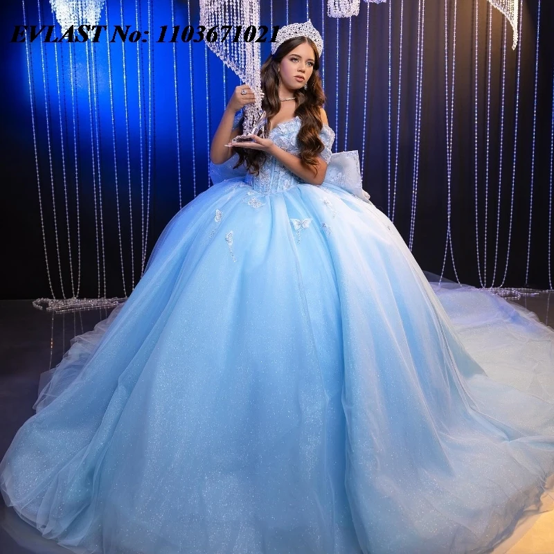 EVLAST disesuaikan gaun Quinceanera biru Meksiko gaun bola kupu-kupu Applique manik-manik kristal busur manis 16 Vestidos De Anos SQ339