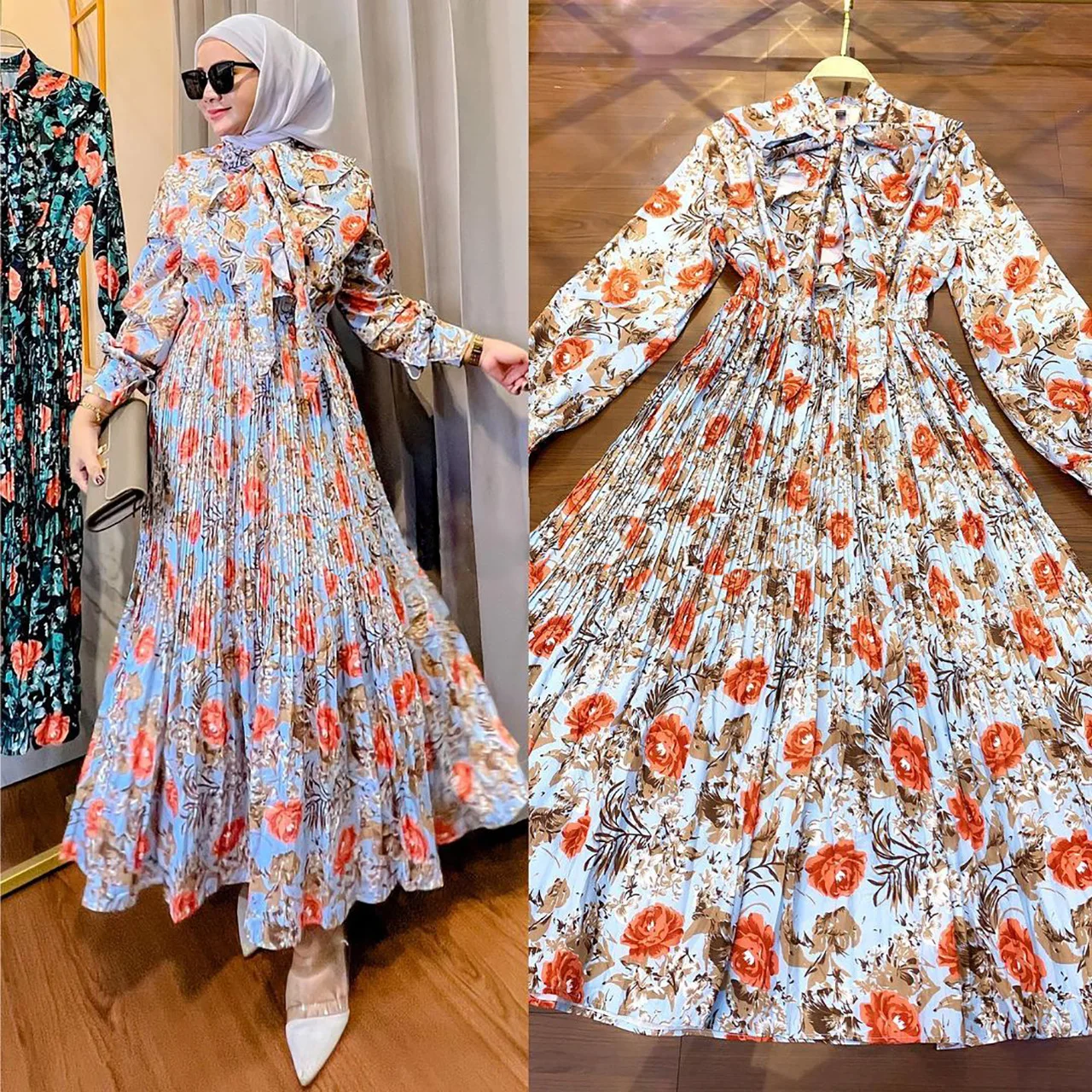 

Muslim Middle East Women Summer New Print Dress Malay Indonesia Ruffled Bohemian Floral Maxi Dresses Holiday Party Gown Sundress