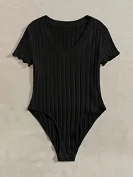 Elegant & Sexy Ribbed V-Neck Bodysuit with Lettuce Trim-Semi-Sheer Comfort Fit Easy Care - Perfect for Spring to Fall