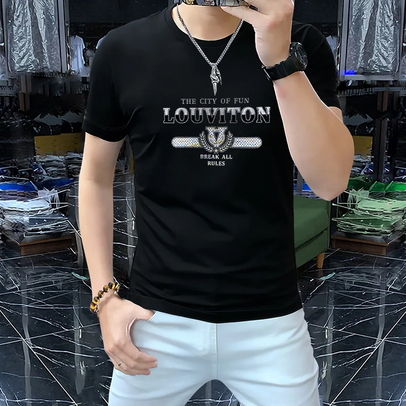 Men's Luxury T-shirt Summer Rhinestone High Quality Handsome Male Tees European Fashion Round Neck Tops Slim Fit Clothing M-5XL