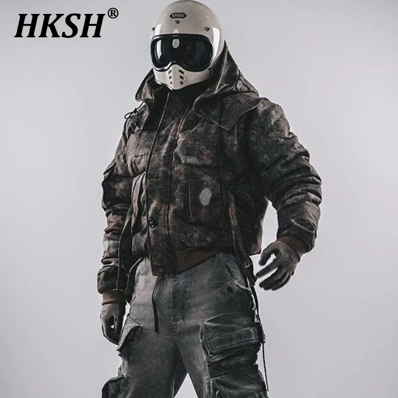 HKSH Retro Short Hooded Detachable Men's Tide Punk Techwear Autumn Winter New Down Jacket High Street Padded Cotton Coats HK3371