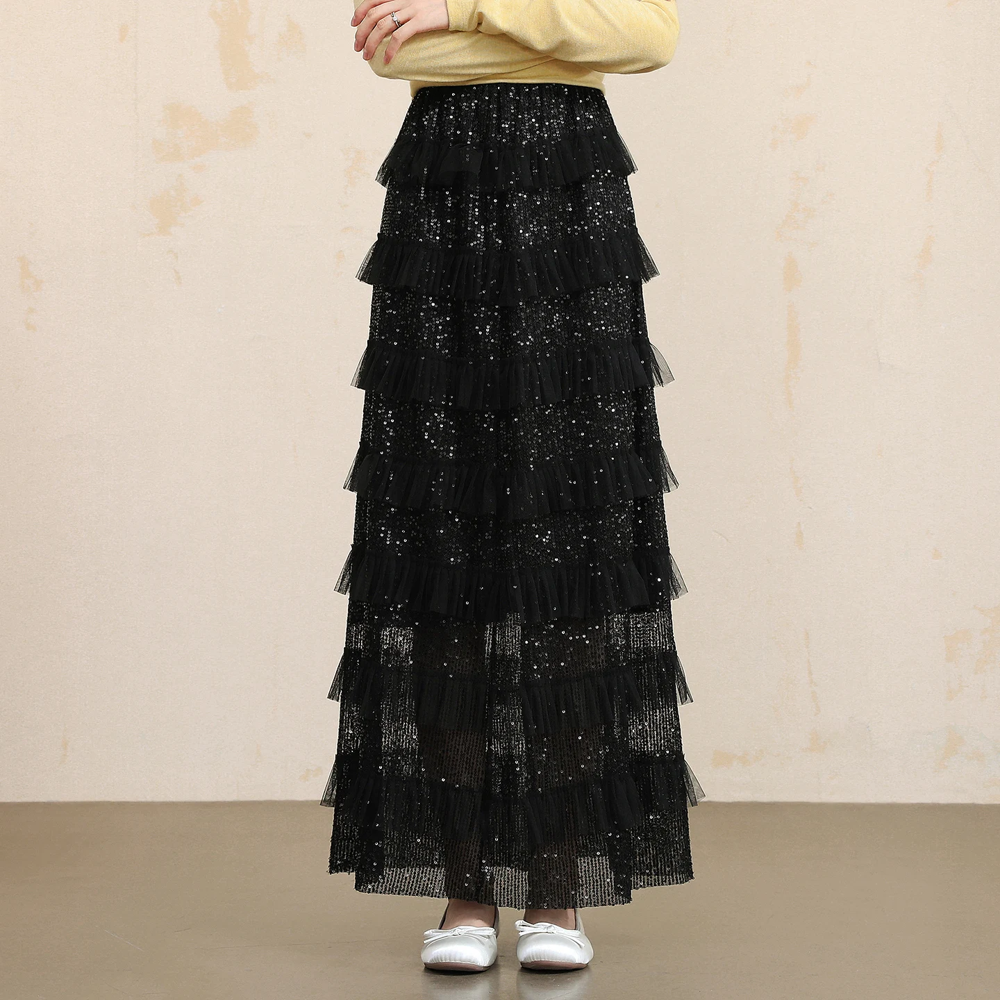 

iny Starry Skirt Women's High Waist Slim Fit Long Midi Skirt Sparkling Sequin Heavy Embelliment Cake Sle Polyester Fiber