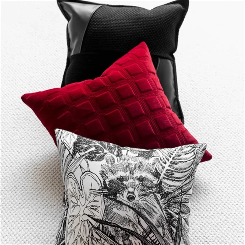 Modern Upholstered Leather Patchwork Throw Pillow Cover Luxury Obsidian Black Dacorative Cushion Case For Villa Hotel