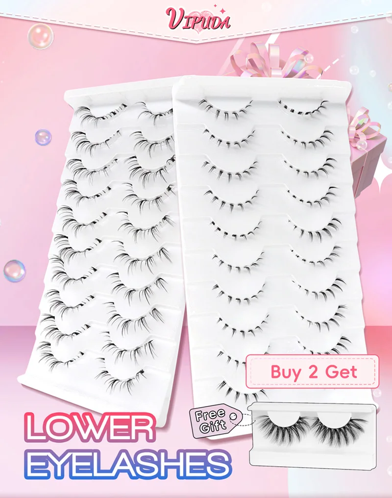 10 Paar untere Wimpern, Packung unter den Wimpern, weiche untere Wimpern, 100 % handgefertigt, transparentes Band, Manga-Unterwimpern, Make-up-Tools – Detail 1