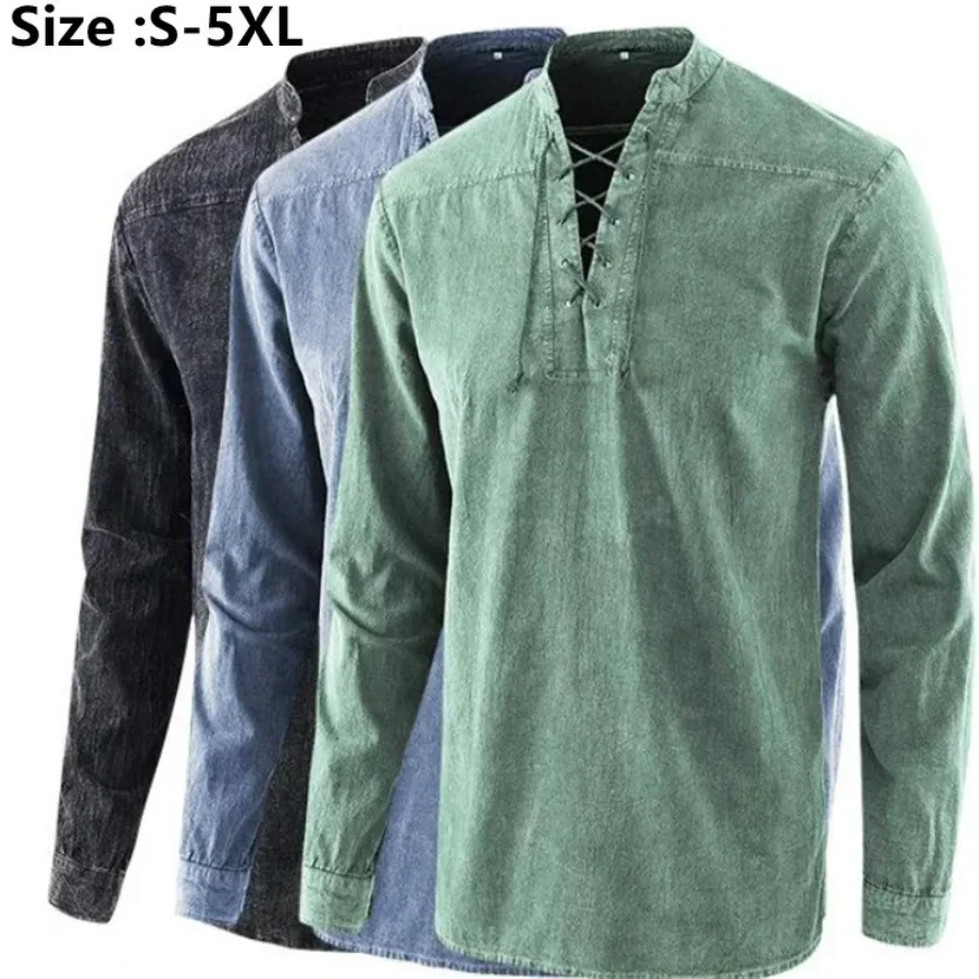 Plus Size 4XL 5XL Men\'s Casual Long Sleeve T-shirt Retro Solid Tshirt  Medieval Lace Up V Neck Loose Soft T Shirt For Men Tops